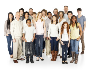 A diverse group of people of different ethnicities and ages designed to represent the global community. Horizontal shot. Isolated on white.